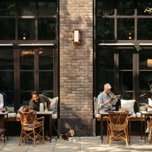 Des personnes (et un chien) sont assises à des tables et profitent du soleil sur la terrasse extérieure.