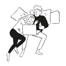 Illustrazione di una coppia rannicchiata a letto che condivide un computer portatile.