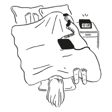 Illustrazione di due persone che condividono il letto, una che risponde al telefono e l'altra che viene svegliata dalla sveglia.