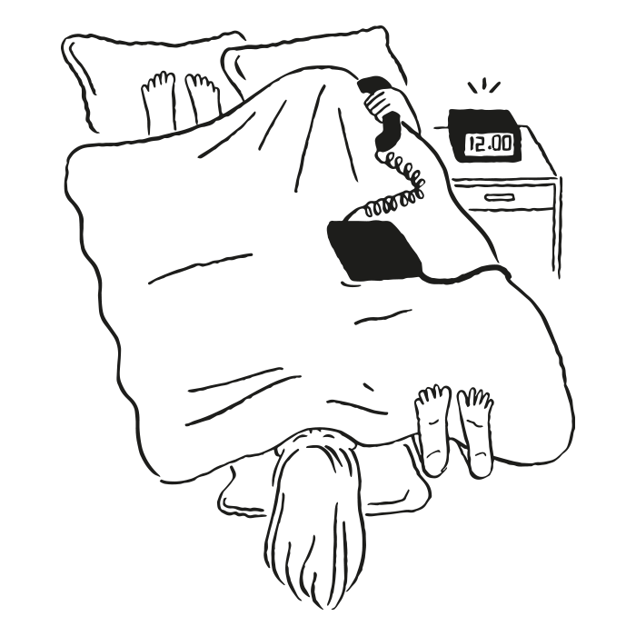 Illustration of two people sharing a bed, one answering the phone, the other woken by an alarm.