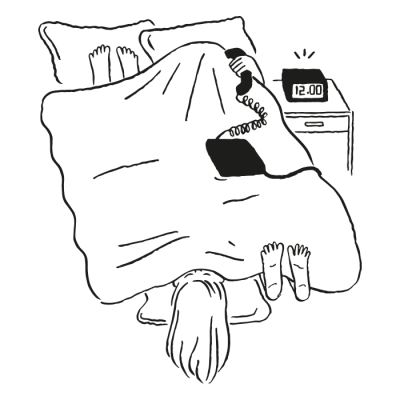 Ilustración de dos personas compartiendo cama, una contesta al teléfono y la otra se despierta con una alarma.