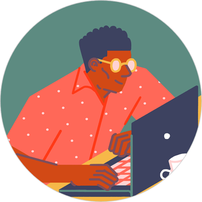 Illustration of a smiling man in a red shirt working at a laptop.