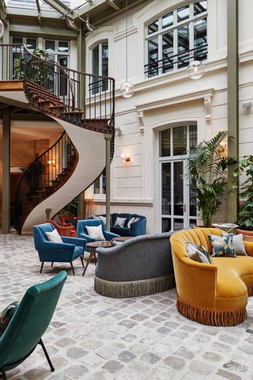 The hotel lobby used to be a courtyard and has a cobbled stone floor and very high, glass ceilings