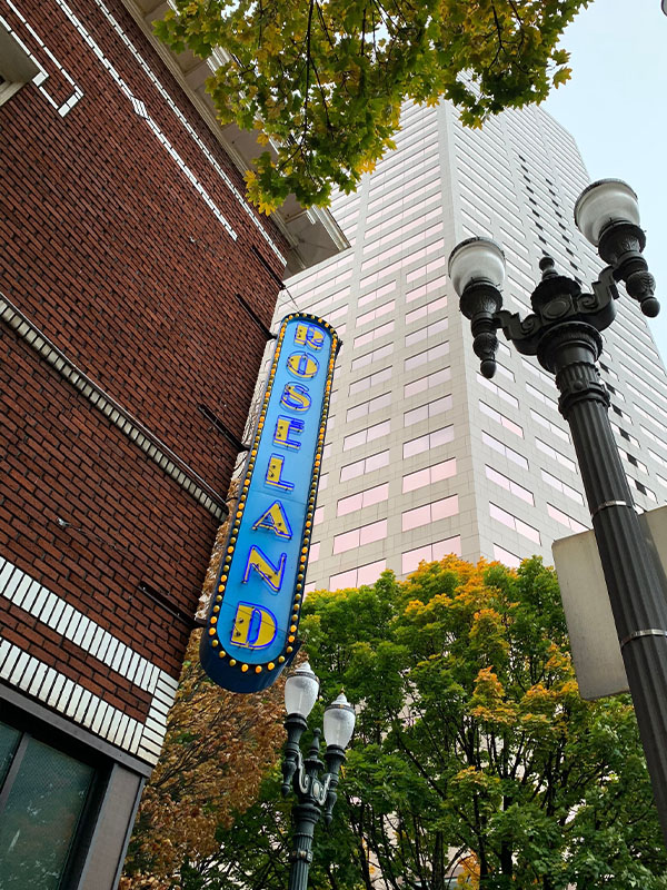 The Roseland theatre blue building sign.