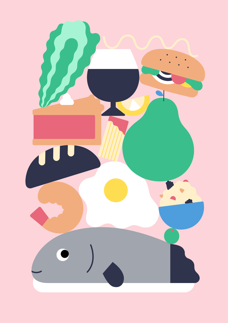 Illustration of food and drink including eggs, burgers and fish.