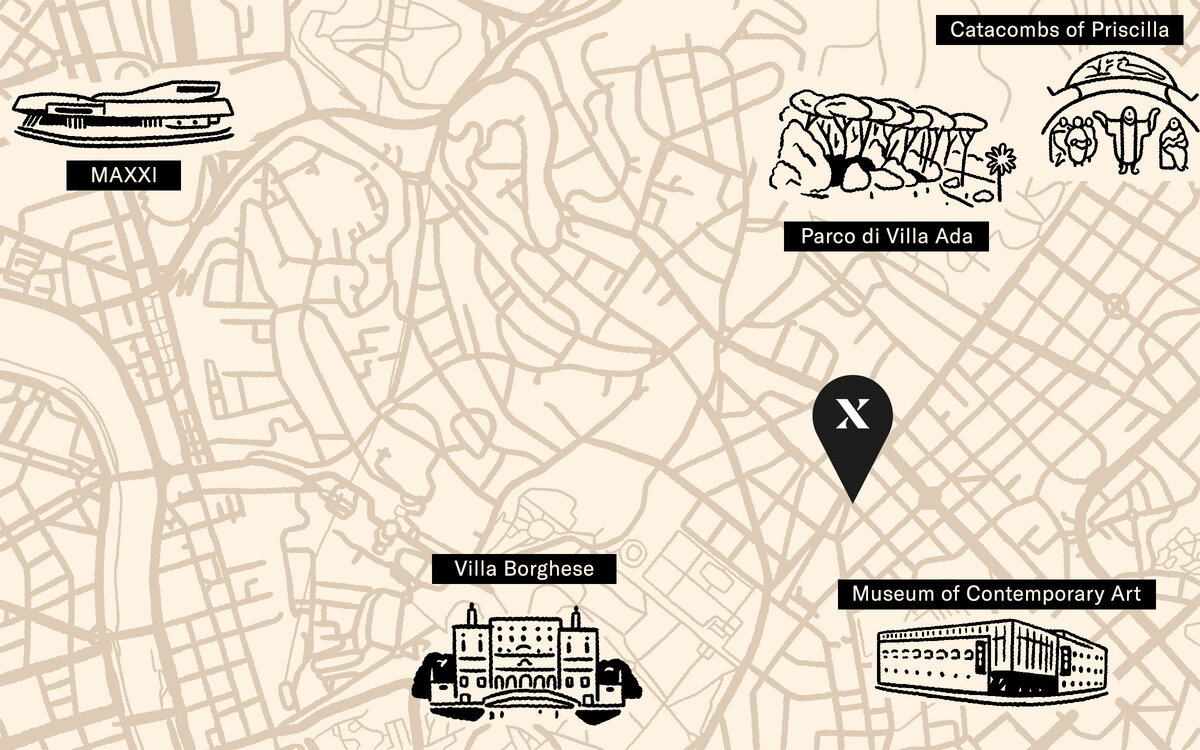 Map of Rome hotel in relation to Museum of Contemporary Art, Parco di Villa Ada, Catacombs of Priscilla, Villa Borghese and MAXXI