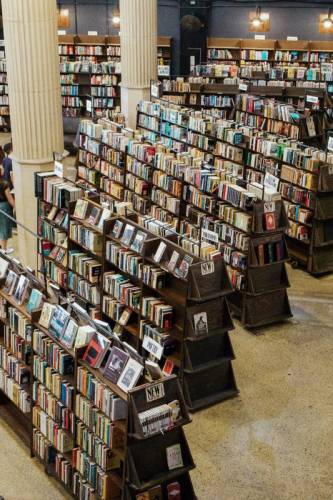 Rows of books on display at The Last Bookstore