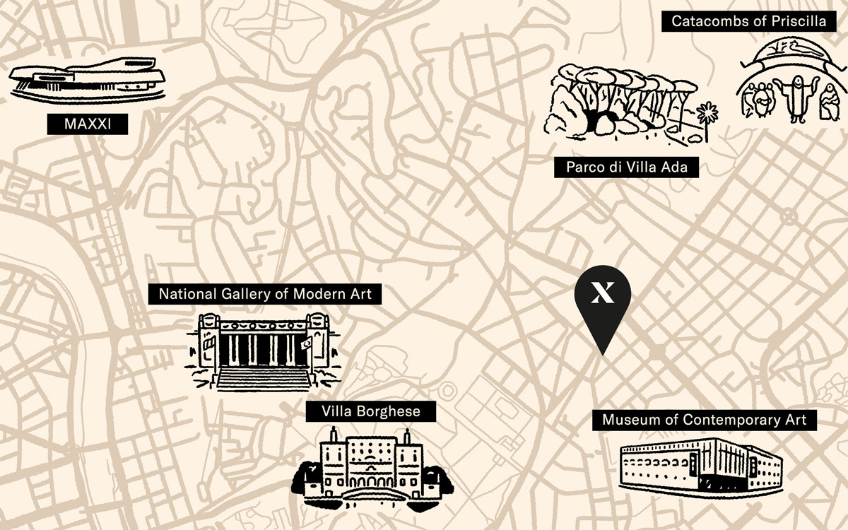 Map of Rome hotel in relation to Museum of Contemporary Art, Parco di Villa Ada, Catacombs of Priscilla, Villa Borghese and MAXXI