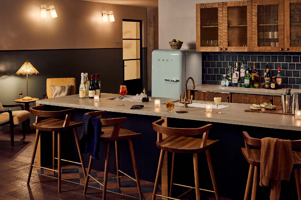 Pantry kitchen set up for an event in the evening, with drinks