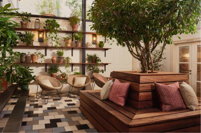 Lots of plants in courtyard, with cushioned wooden benches