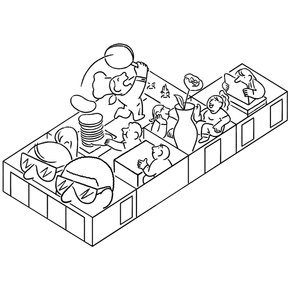 Illustrazione della pianta di un ufficio pieno di persone che lavorano e giocano.