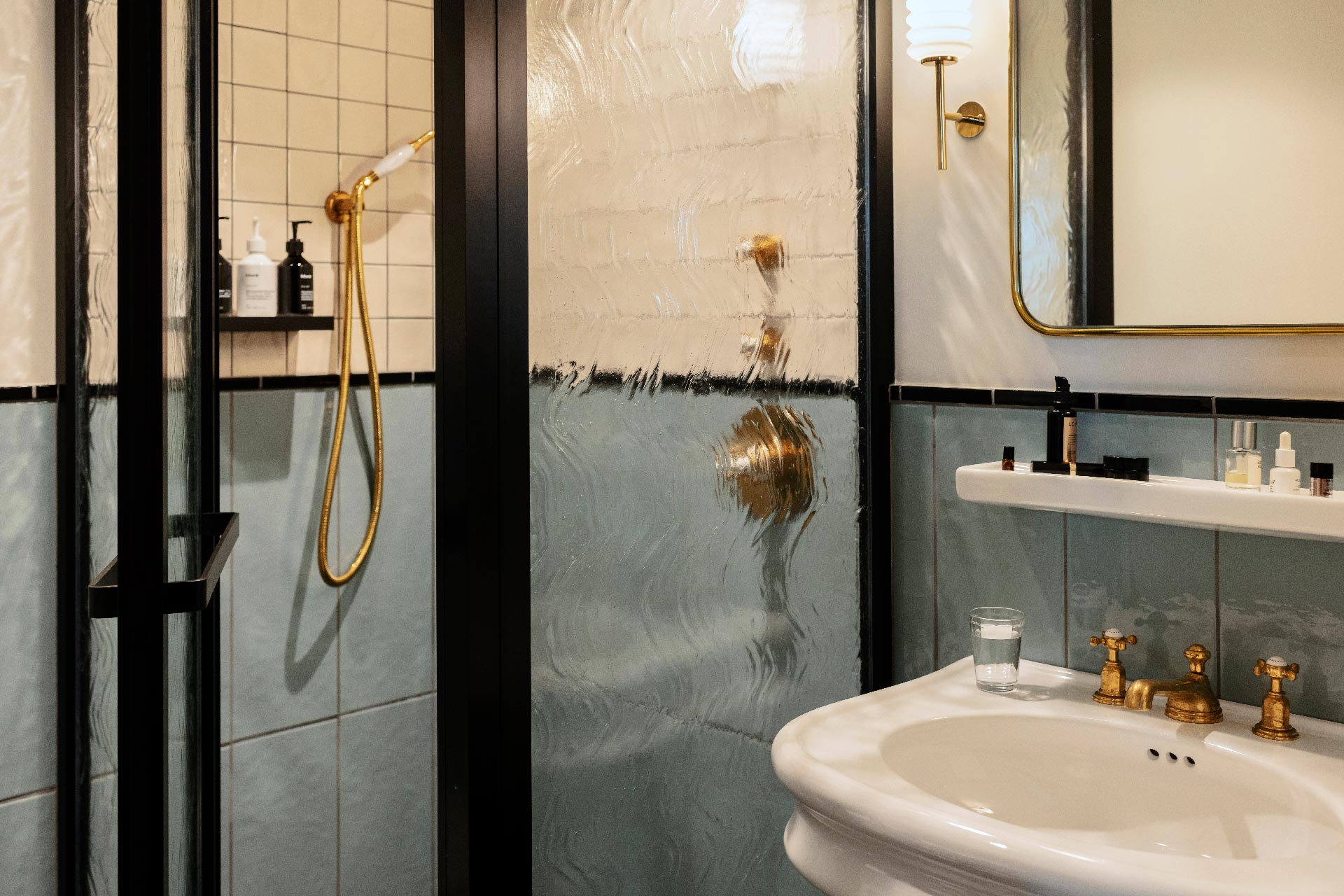 Shower area beside sink