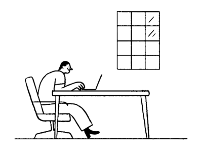 Illustration eines Mannes, der an einem Schreibtisch sitzt und einen Laptop benutzt