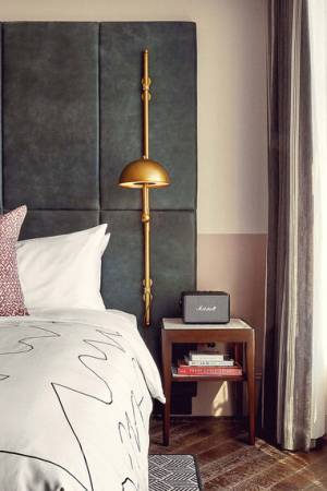 Marshall radio beside the bed in Chicago hotel room