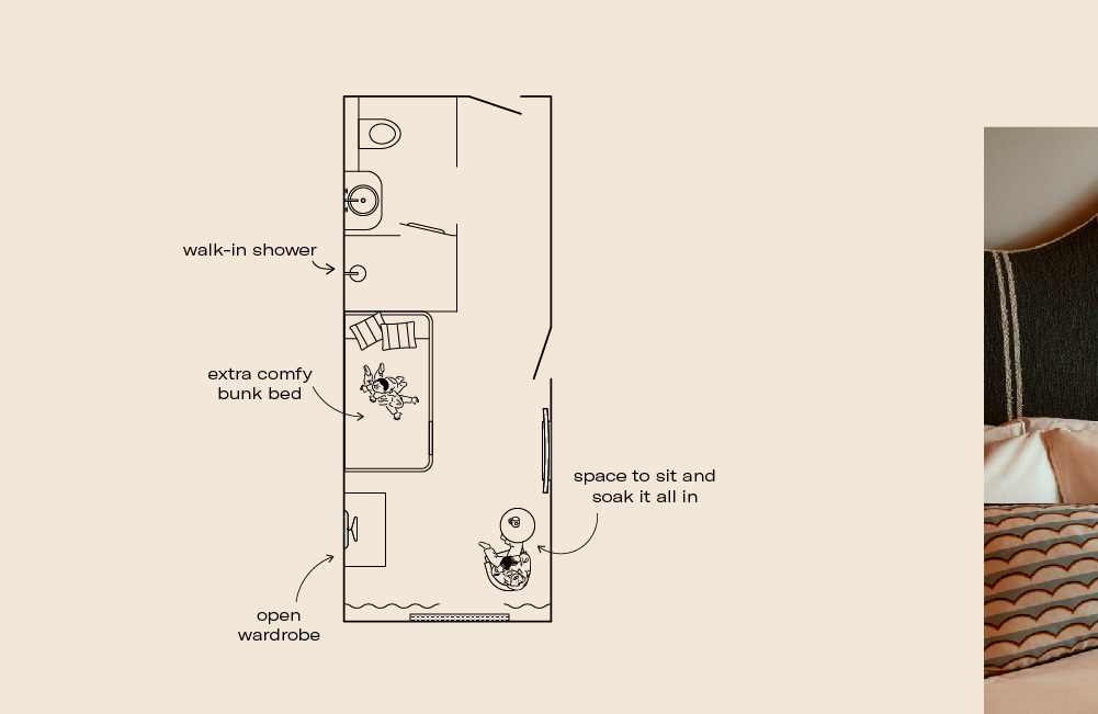 Floorplan showing walk-in shower, comfy bunk bed. open wardrobe and armchair with view of West London.