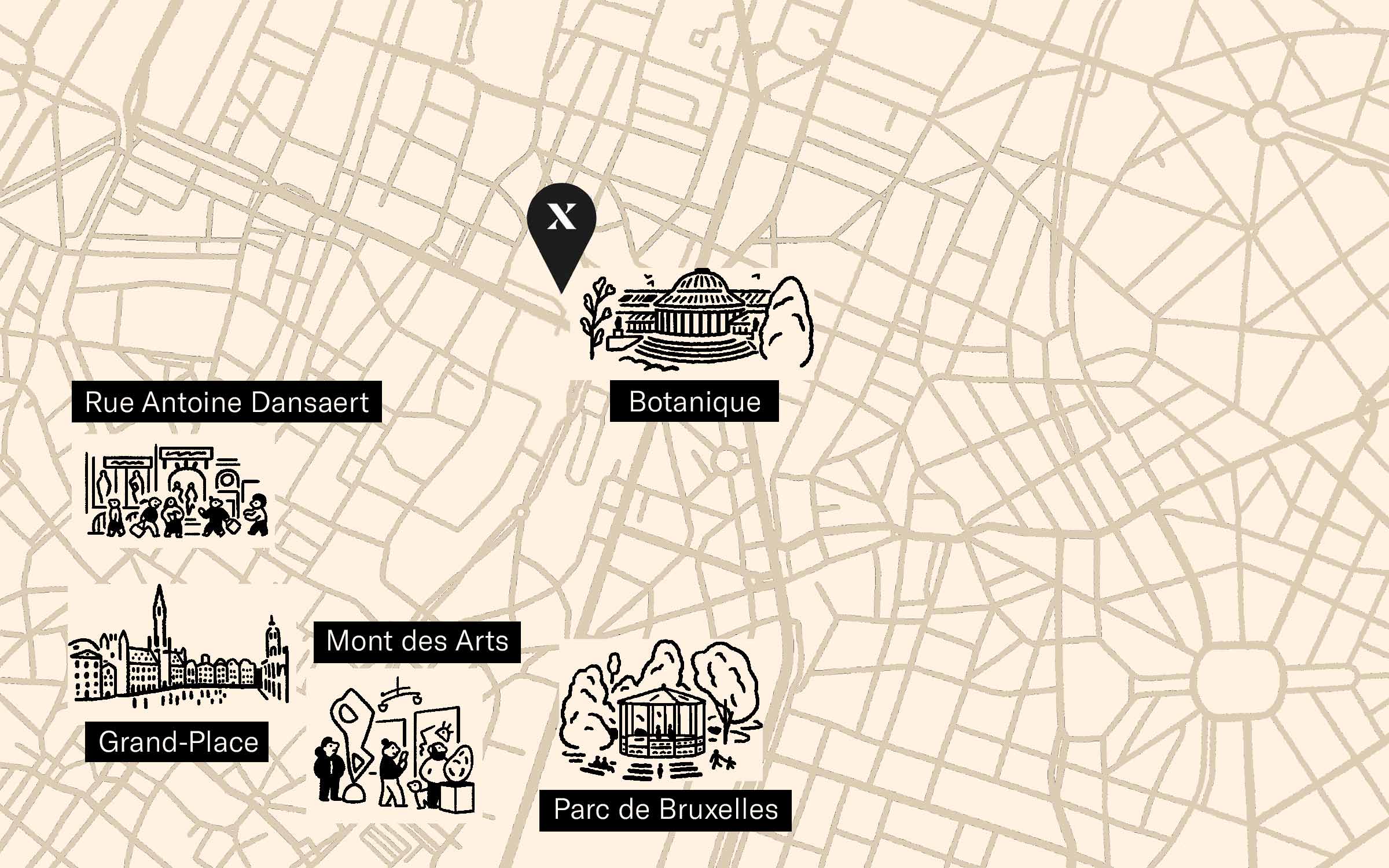 Illustrated map showing the location of The Hoxton, Brussels and nearby attractions.