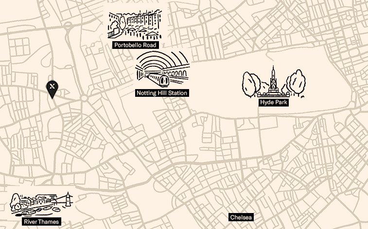 Illustrated map of The Hoxton, Shepherd's Bush showing Hyde Park and other famous landmarks in West London.