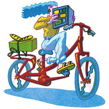 Illustration of a women riding a bike while engrossed in a guide book.
