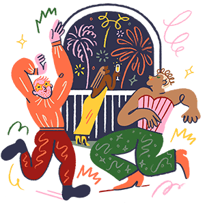 Illustration of figures dancing and celebrating while fireworks go off.