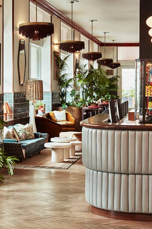 Sunlit lobby at The Hoxton, Downtown LA, available for hire.