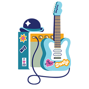 Guitar and amplifier with trendy stickers and a funky hat on top.