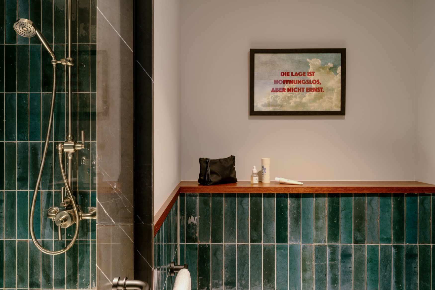 View of the shower door and storage shelf.