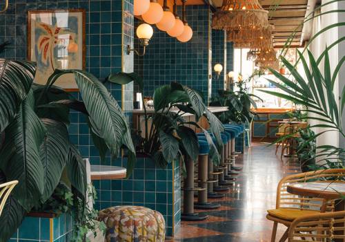 Side-angle view of the bar with private seating areas surrounded by indoor plants.