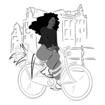 Greyscale illustration of a woman riding a bike through Amsterdam