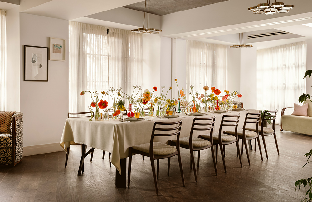 Empty dining room laid out for a wedding party