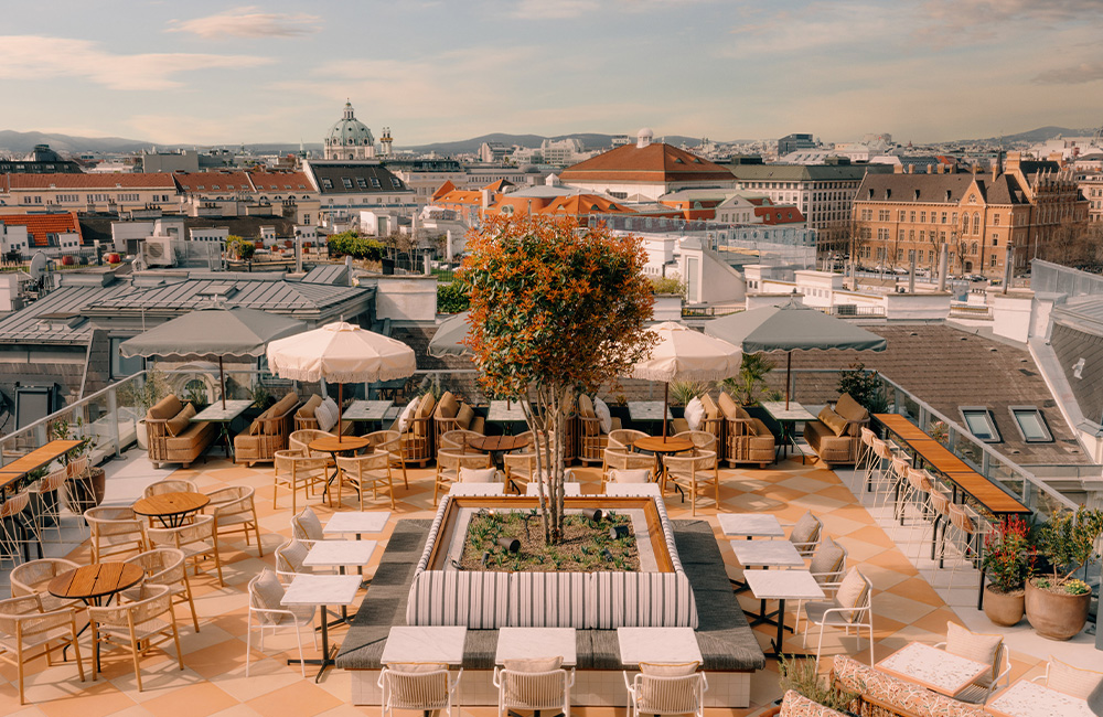 Full view of the roof top terrace with loads of seating arrangements.