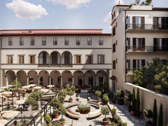 Rendered image of the hoxton florence green open courtyard.