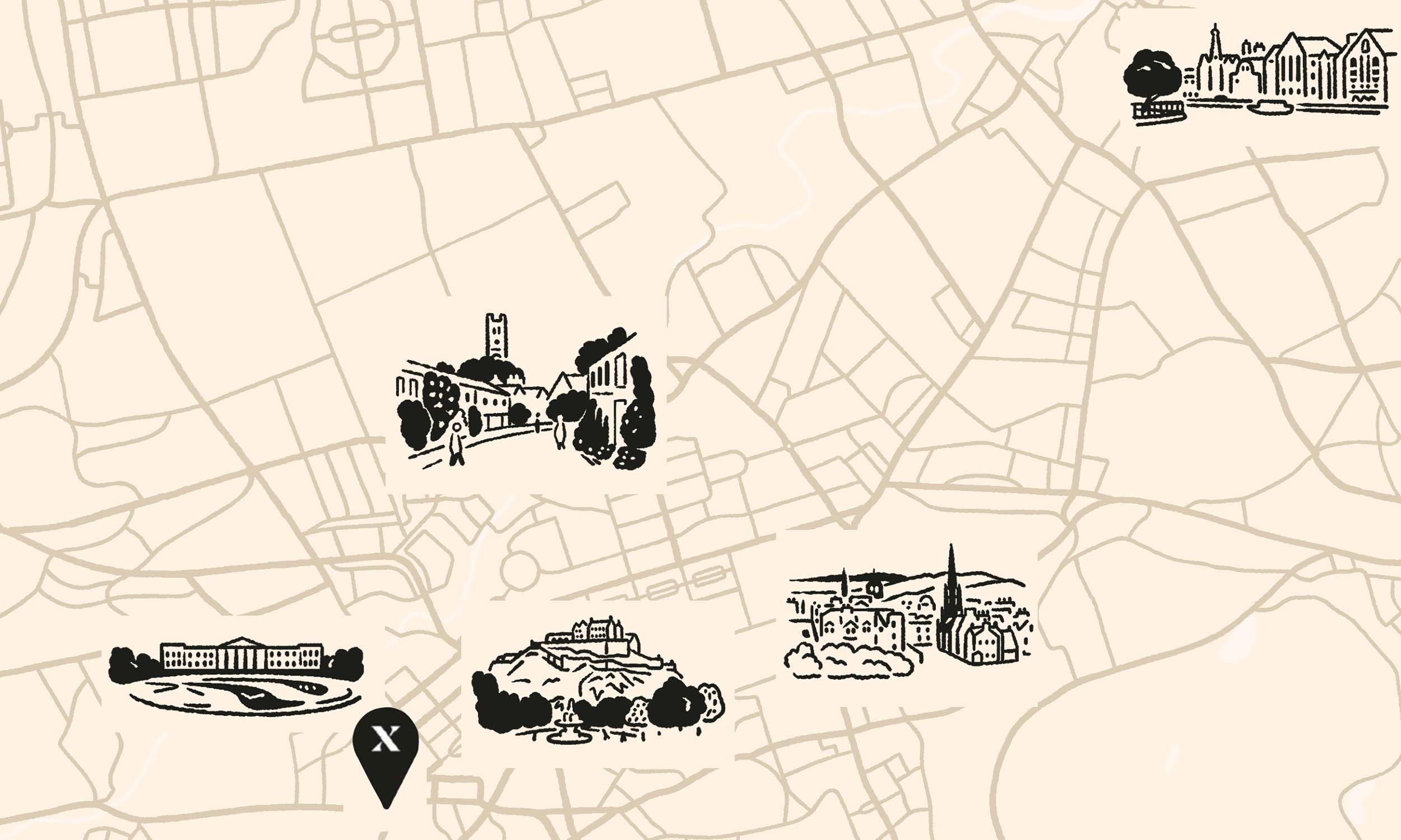 Line map of Edinburgh showing the location of the Hoxton and surrounding attractions