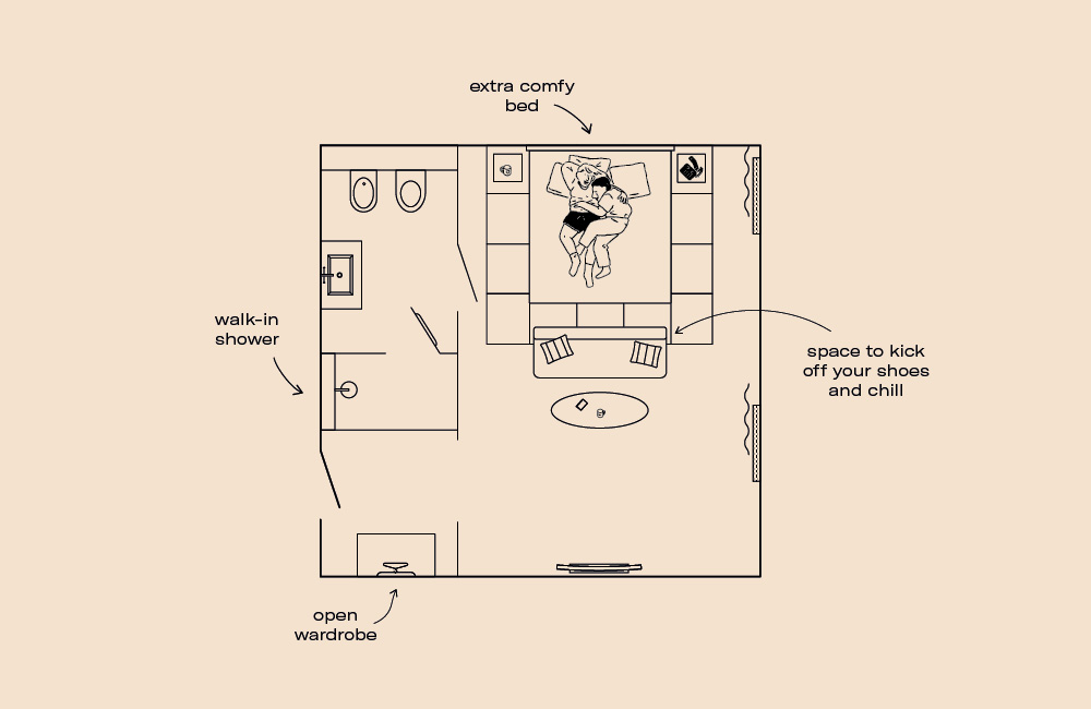 Illustrated floor plan of a biggy room.